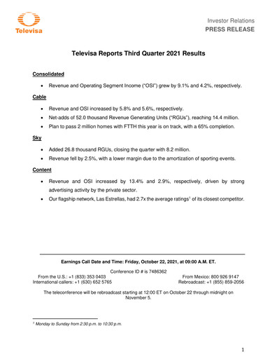 Miniature Televisa Rapport trimestriel 2021-q3