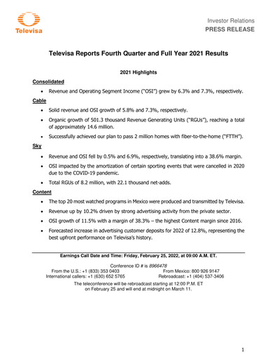 Miniature Televisa Rapport trimestriel 2021-q4