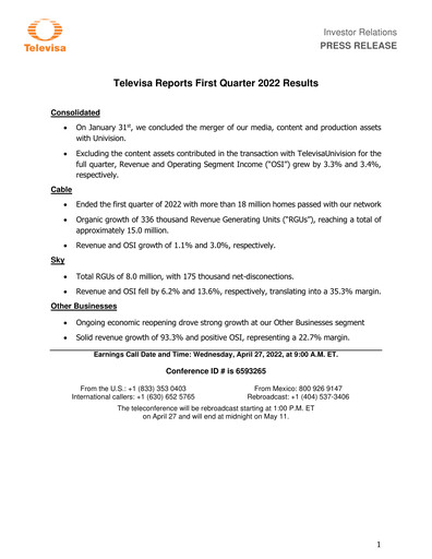 Miniature Televisa Rapport trimestriel 2022-q1