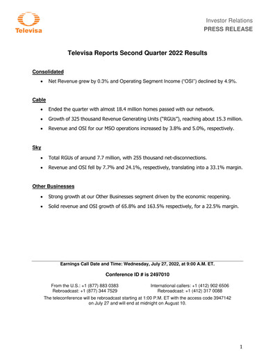 Miniature Televisa Rapport trimestriel 2022-q2