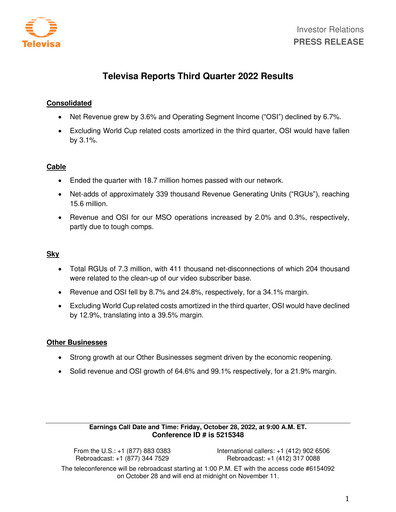 Miniature Televisa Rapport trimestriel 2022-q3