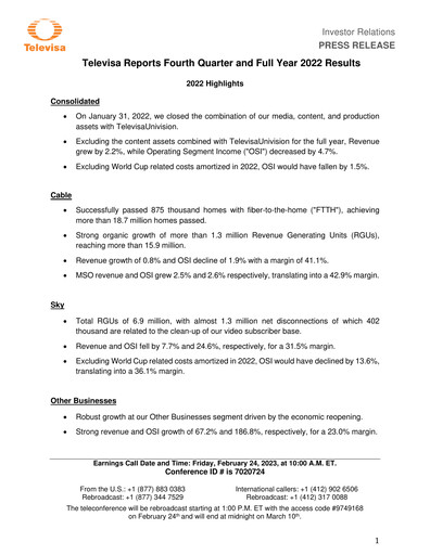 Miniature Televisa Rapport trimestriel 2022-q4