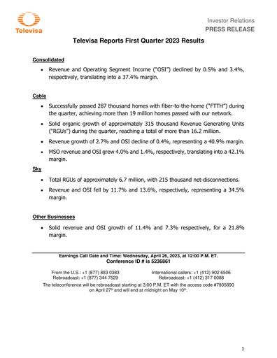Miniature Televisa Rapport trimestriel 2023-q1
