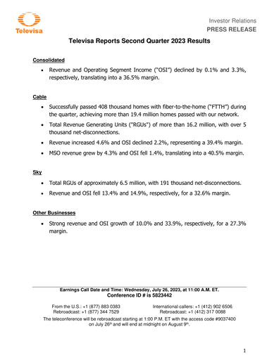 Miniature Televisa Rapport trimestriel 2023-q2