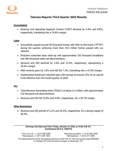 Miniature Televisa Rapport trimestriel 2023-q3