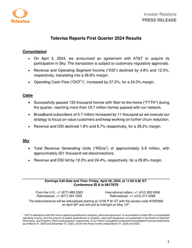 Miniature Televisa Rapport trimestriel 2024-q1