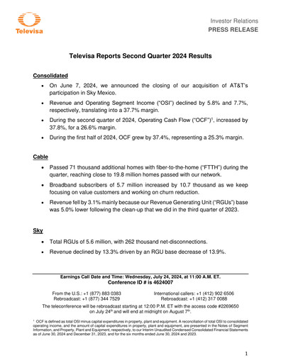 Miniature Televisa Rapport trimestriel 2024-q2