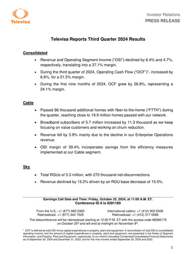 Miniature Televisa Rapport trimestriel 2024-q3