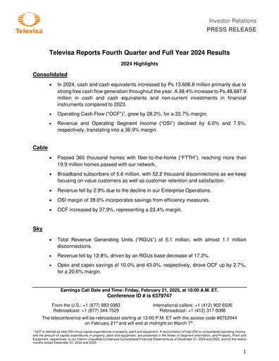 Miniature Televisa Rapport trimestriel 2024-q4