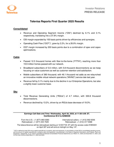 Miniature Televisa Rapport trimestriel 2025-q1