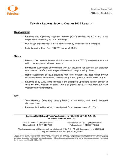 Miniature Televisa Rapport trimestriel 2025-q2