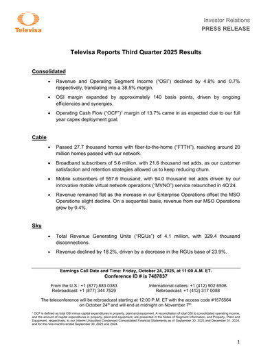 Miniature Televisa Rapport trimestriel 2025-q3