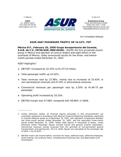 Thumbnail Grupo Aeroportuario del Sureste
(ASUR) Financial Statement 2007