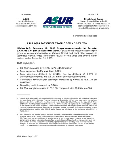 Thumbnail Grupo Aeroportuario del Sureste
(ASUR) Financial Statement 2009