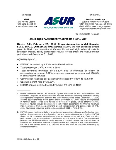 Thumbnail Grupo Aeroportuario del Sureste
(ASUR) Financial Statement 2010