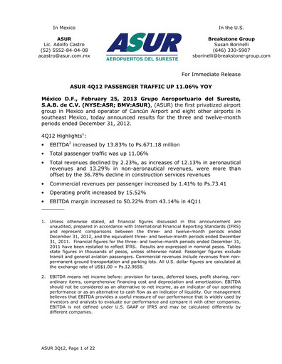 Thumbnail Grupo Aeroportuario del Sureste
(ASUR) Financial Statement 2012