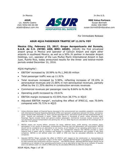 Thumbnail Grupo Aeroportuario del Sureste
(ASUR) Financial Statement 2016