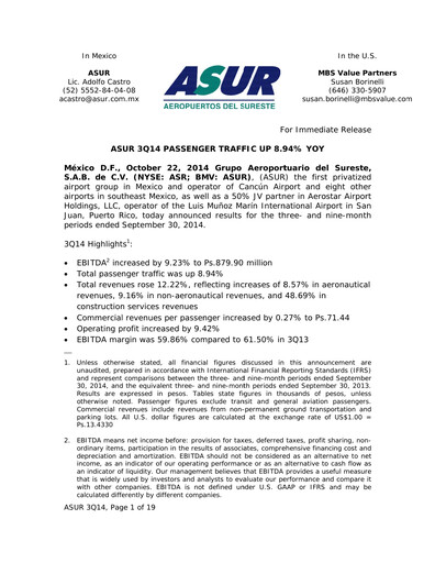 Thumbnail Grupo Aeroportuario del Sureste
(ASUR) Quarterly Report 2014-q3