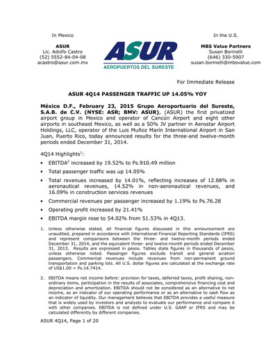 Thumbnail Grupo Aeroportuario del Sureste
(ASUR) Quarterly Report 2014-q4