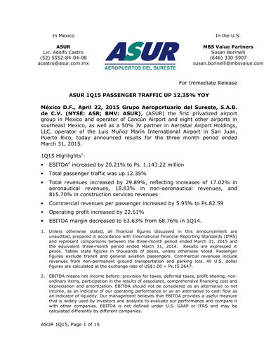 Thumbnail Grupo Aeroportuario del Sureste
(ASUR) Quarterly Report 2015-q1