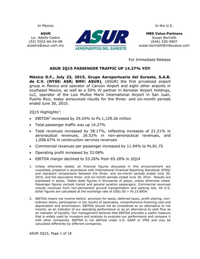 Thumbnail Grupo Aeroportuario del Sureste
(ASUR) Quarterly Report 2015-q2