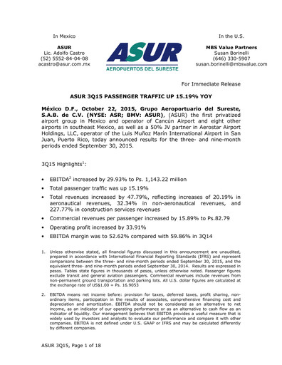 Thumbnail Grupo Aeroportuario del Sureste
(ASUR) Quarterly Report 2015-q3