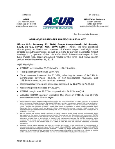Thumbnail Grupo Aeroportuario del Sureste
(ASUR) Quarterly Report 2015-q4