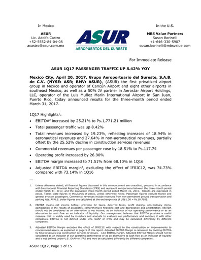 Thumbnail Grupo Aeroportuario del Sureste
(ASUR) Quarterly Report 2017-q1