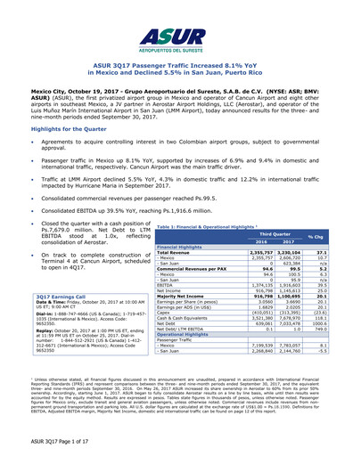 Thumbnail Grupo Aeroportuario del Sureste
(ASUR) Quarterly Report 2017-q3