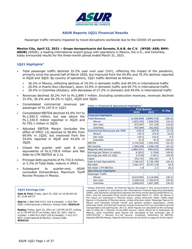 Thumbnail Grupo Aeroportuario del Sureste
(ASUR) Quarterly Report 2021-q1