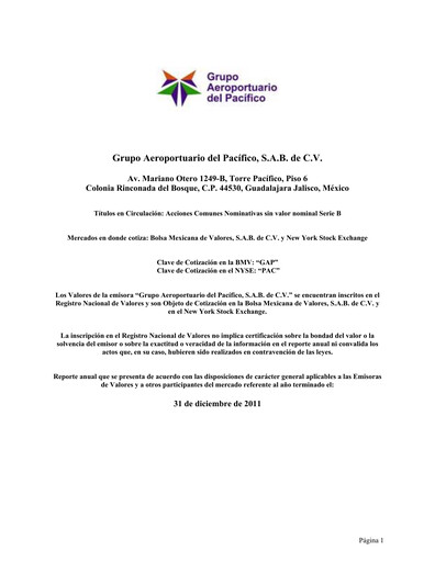 Thumbnail Grupo Aeroportuario del Pacífico
 Annual Report 2011