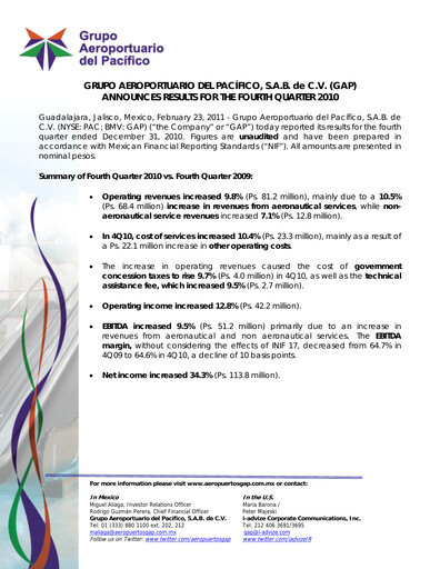 Vorschaubild Grupo Aeroportuario del Pacífico
 Quartalsbericht 2010-q4