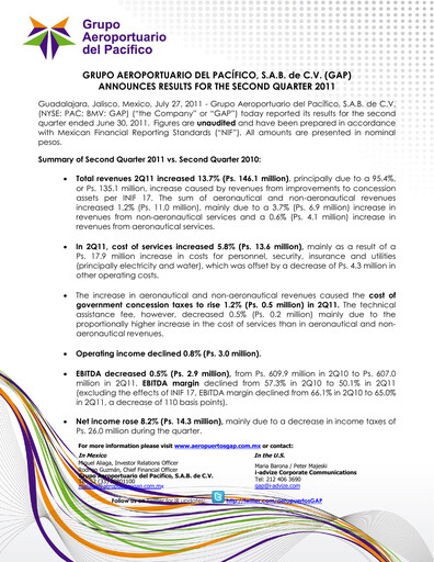 Vorschaubild Grupo Aeroportuario del Pacífico
 Quartalsbericht 2011-q2