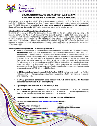 Vorschaubild Grupo Aeroportuario del Pacífico
 Quartalsbericht 2012-q2