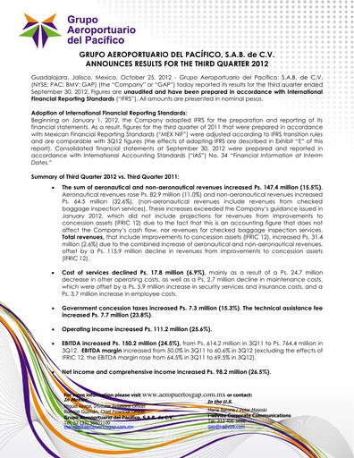 Vorschaubild Grupo Aeroportuario del Pacífico
 Quartalsbericht 2012-q3