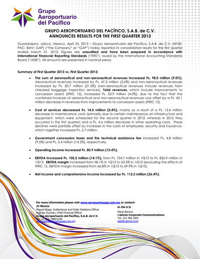 Vorschaubild Grupo Aeroportuario del Pacífico
 Quartalsbericht 2013-q1