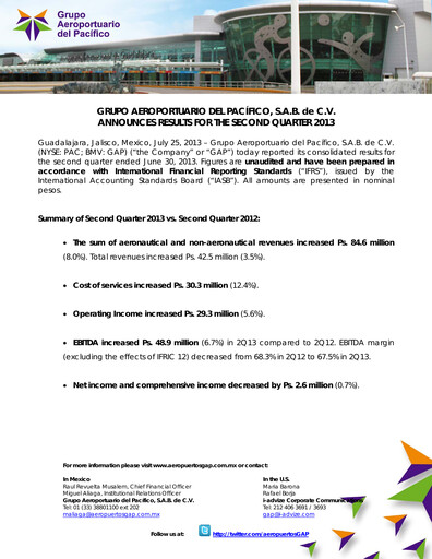 Vorschaubild Grupo Aeroportuario del Pacífico
 Quartalsbericht 2013-q2