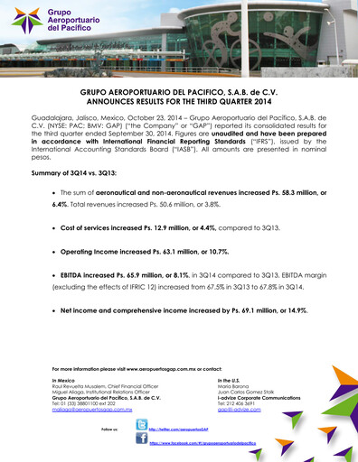 Vorschaubild Grupo Aeroportuario del Pacífico
 Quartalsbericht 2014-q3