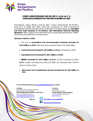Vorschaubild Grupo Aeroportuario del Pacífico
 Quartalsbericht 2015-q1
