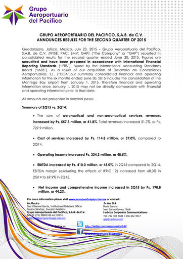 Vorschaubild Grupo Aeroportuario del Pacífico
 Quartalsbericht 2015-q2