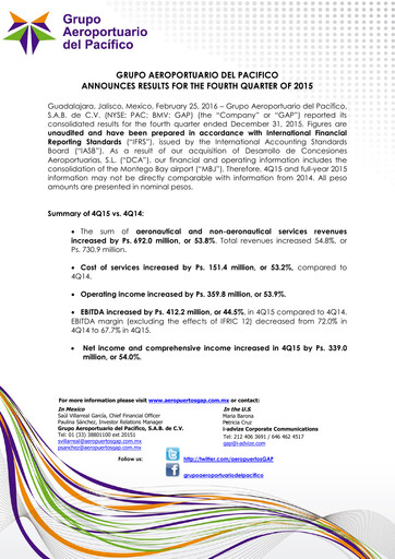 Vorschaubild Grupo Aeroportuario del Pacífico
 Quartalsbericht 2015-q4