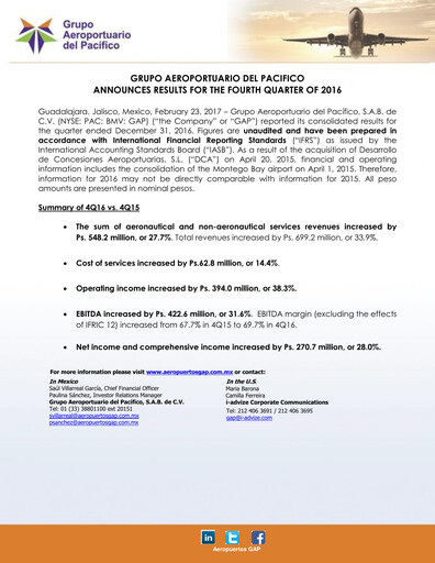 Vorschaubild Grupo Aeroportuario del Pacífico
 Quartalsbericht 2016-q4