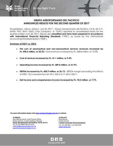 Vorschaubild Grupo Aeroportuario del Pacífico
 Quartalsbericht 2017-q2