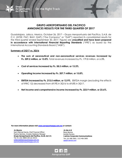 Vorschaubild Grupo Aeroportuario del Pacífico
 Quartalsbericht 2017-q3