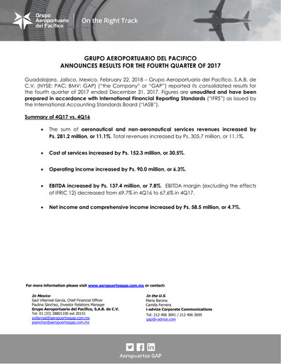 Vorschaubild Grupo Aeroportuario del Pacífico
 Quartalsbericht 2017-q4