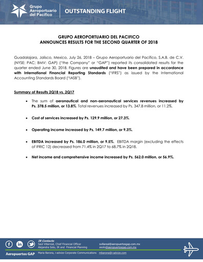 Vorschaubild Grupo Aeroportuario del Pacífico
 Quartalsbericht 2018-q2