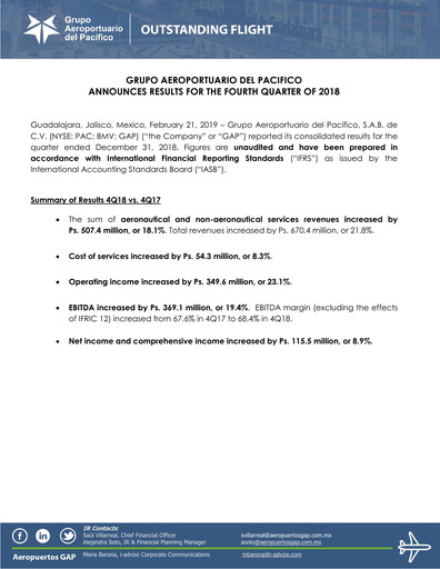 Vorschaubild Grupo Aeroportuario del Pacífico
 Quartalsbericht 2018-q4