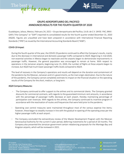 Vorschaubild Grupo Aeroportuario del Pacífico
 Quartalsbericht 2020-q4