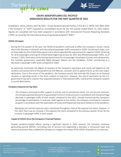 Vorschaubild Grupo Aeroportuario del Pacífico
 Quartalsbericht 2021-q1