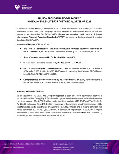 Miniature Grupo Aeroportuario del Pacífico
 Rapport trimestriel 2025-q3